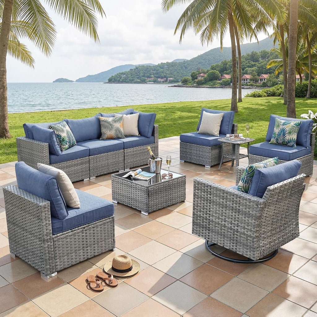 ovios Outdoor 9 Piece Coversation Set with Swivel Rocking Chair,Sectional Patio Furniture Set with All-Weather Wicker Sofa,Modern Outside Couch for Balcony Backyard Pool, Blue