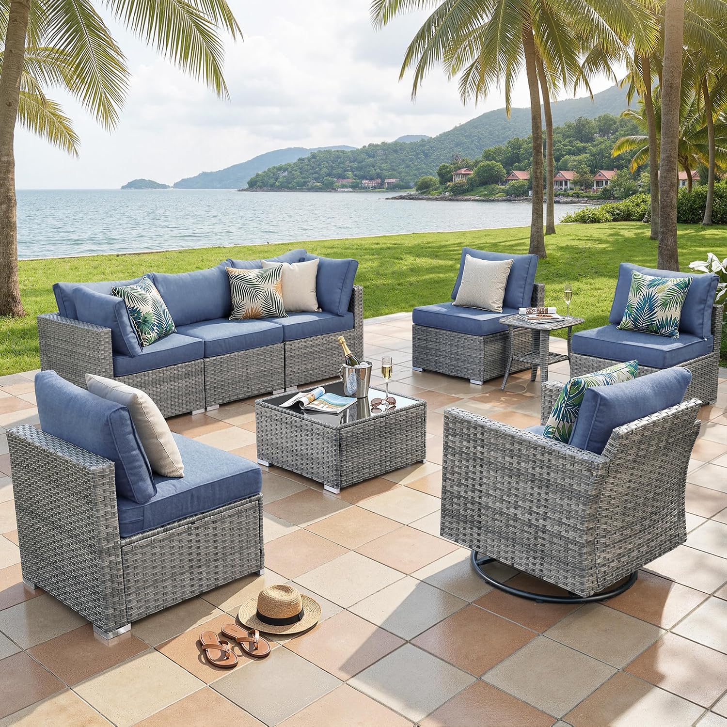 ovios Outdoor 9 Piece Coversation Set with Swivel Rocking Chair,Sectional Patio Furniture Set with All-Weather Wicker Sofa,Modern Outside Couch for Balcony Backyard Pool, Blue