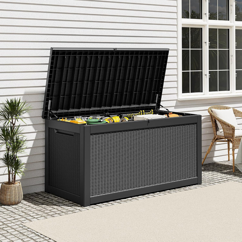 Outdoor Storage Box, Resin Deck Boxes Indoor and outdoor, Waterproof Storage Box Lockable Lid (Black,260 Gallon)