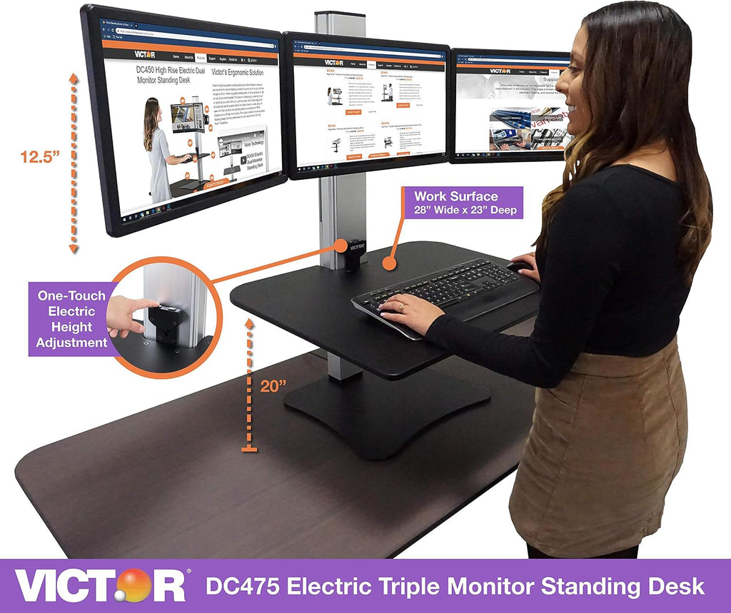 Victor DC475 High Rise Electric Triple Monitor Standing Desk Converter | Three Large Monitor Sit-Stand Desk | 28' Wide Work Surface | Compatible with Any Standard Desk | Adjustable Monitor Holder