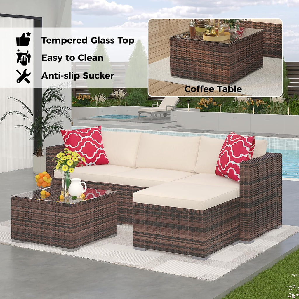 5 Pieces Patio Furniture Set, All-Weather Wicker Sectional Sofa With Anti-Slip Cushions, Rattan Outdoor Patio Furniture Sofa Set With Glass Coffee Table and Ottoman for Balcony, Porch, Garden, Brown