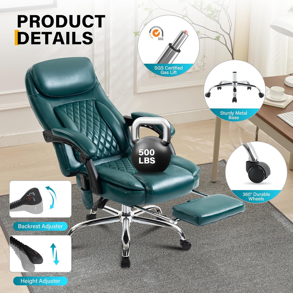 6-Point Massage Office Chair with Heated, Ergonomic Office Chair with Footrest & 45°Reclining High Back, Big and Tall Executive Office Chair 500LBS, Thick Cushion Desk Chair for Home Office, Green(PU)