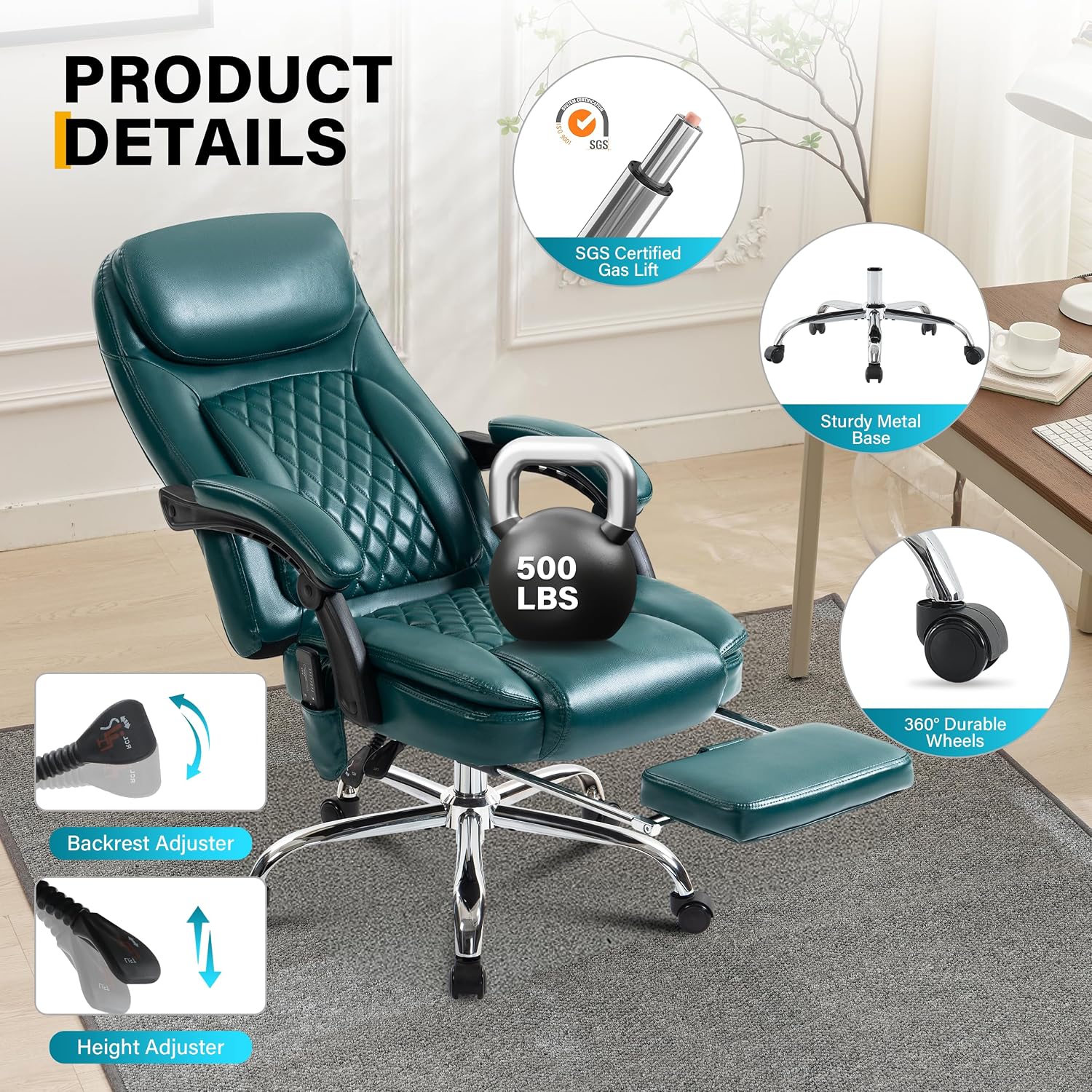 6-Point Massage Office Chair with Heated, Ergonomic Office Chair with Footrest & 45°Reclining High Back, Big and Tall Executive Office Chair 500LBS, Thick Cushion Desk Chair for Home Office, Green(PU)