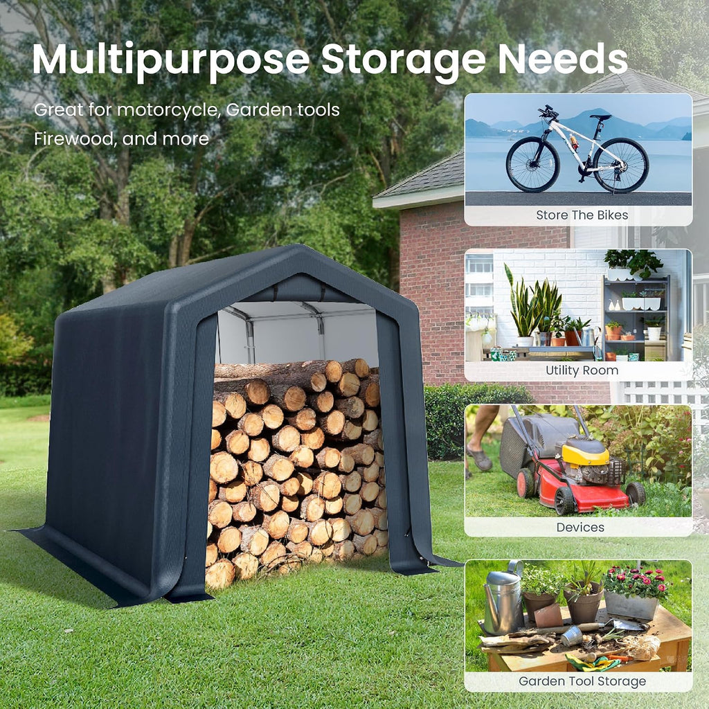 PHI VILLA 6x10ft Storage Shelter Shed, Portable Carports Outdoor Garage Canopy with Roll up Zipper Doors & Vents Waterproof UV Resistant Garages Tent for Cars,Boats,Tools, Motorcycle, Gray