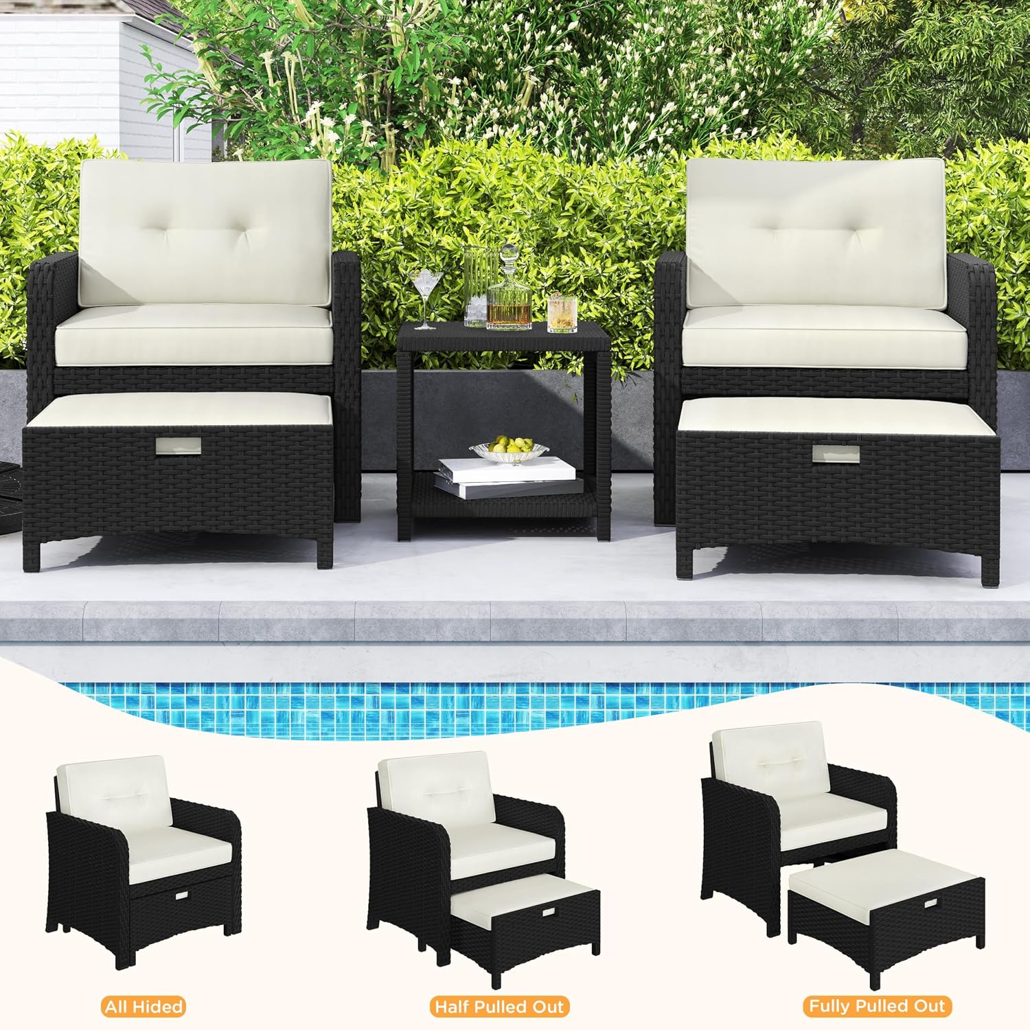 Yaheetech 5 Piece Patio Conversation Set with Ottomans, PE Wicker Balcony Furniture, Rattan Lounge Sofa with Cushions & Pillows, 2 Chairs & Side Table for Backyard, Porch, Garden, Black/Beige