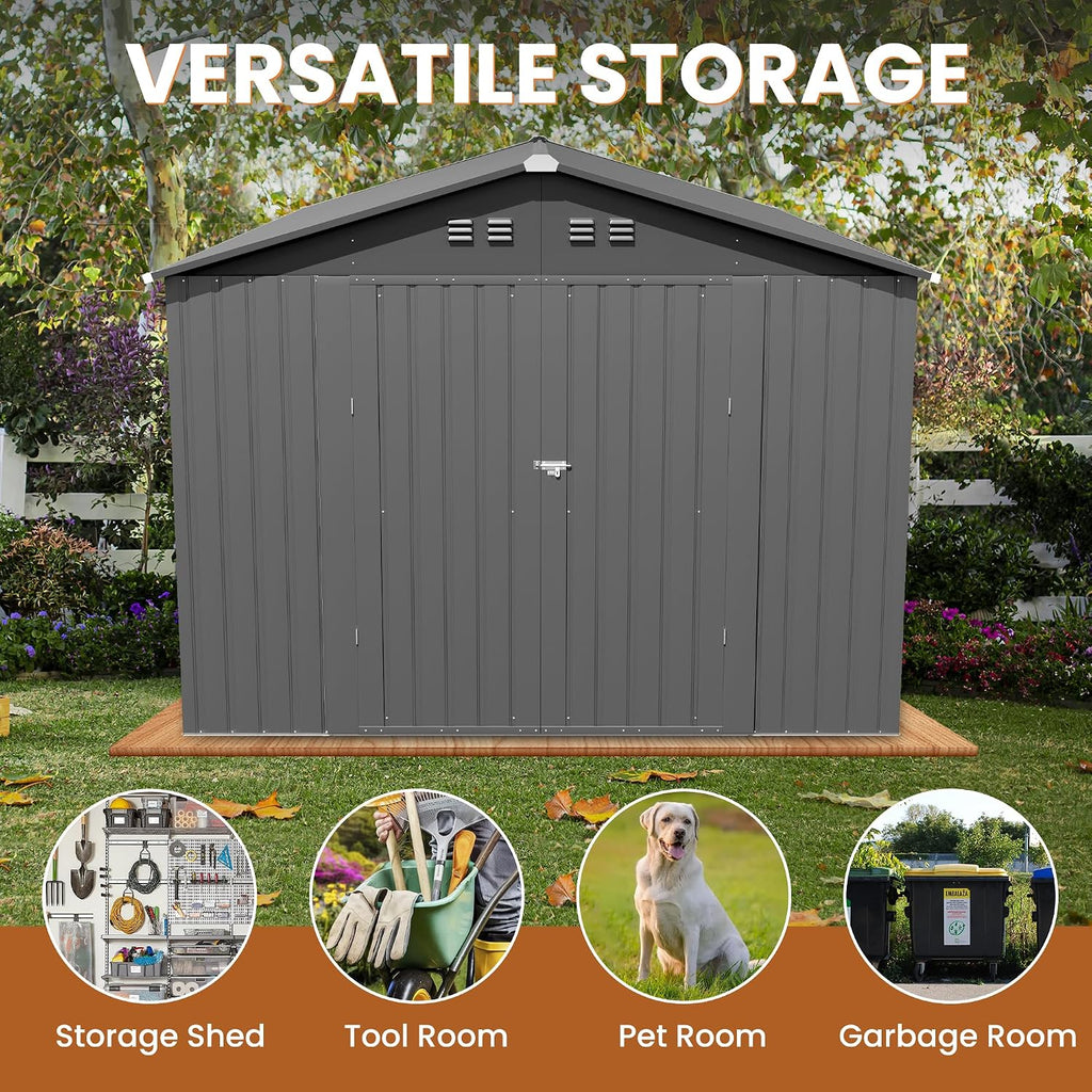 10x12 FT Metal Storage Shed Updated Frame Structure Outdoor Storage Shed Large with Double Lockable Doors, Steel Anti-Corrosion Tool Sheds Waterproof for Backyard, Pool, Patio, Light Gray