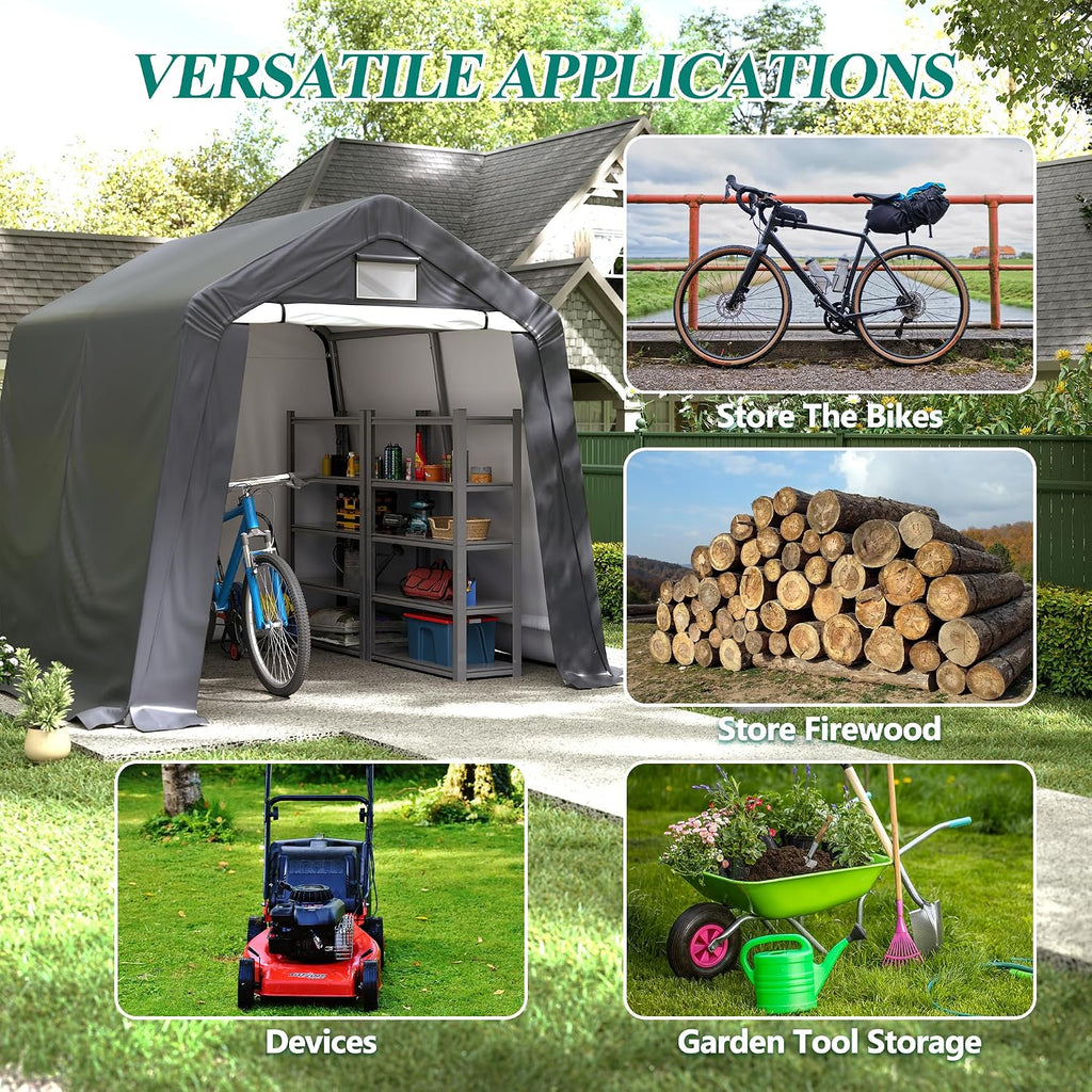 GARTOO 8' x 8' Outdoor Storage Shelter Shed- Heavy Duty Storage Tent with Roll-up Ventilated Windows, Portable Garage Zipper Storage shed for Bike, ATV, Motorcycle Shelter, Gray