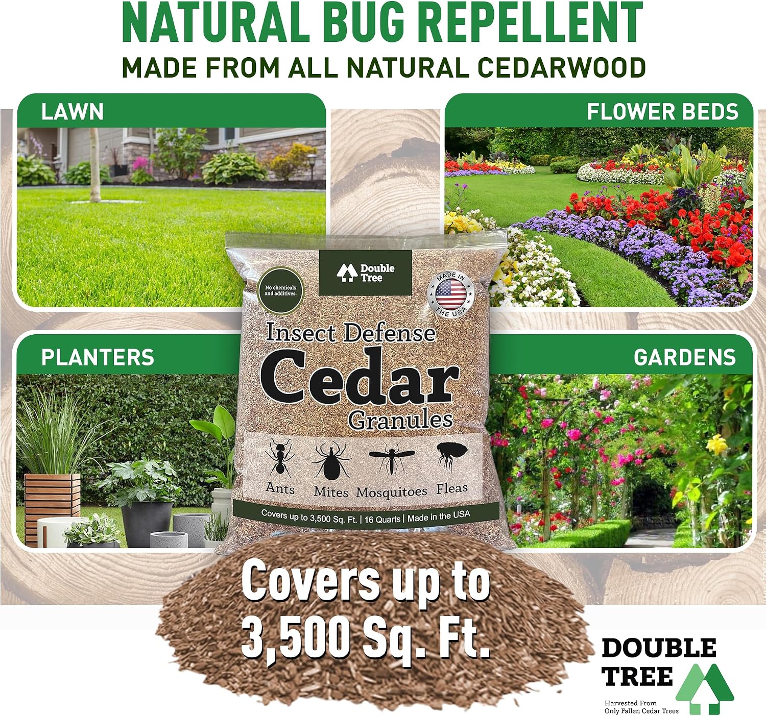 Double Tree Home and Garden Cedar Granules | Repels Fleas, Ticks, Ants, and Mosquitos | Rich Cedar Scent | Non Toxic | Pet Safe | 3 Bags (48 Quarts)