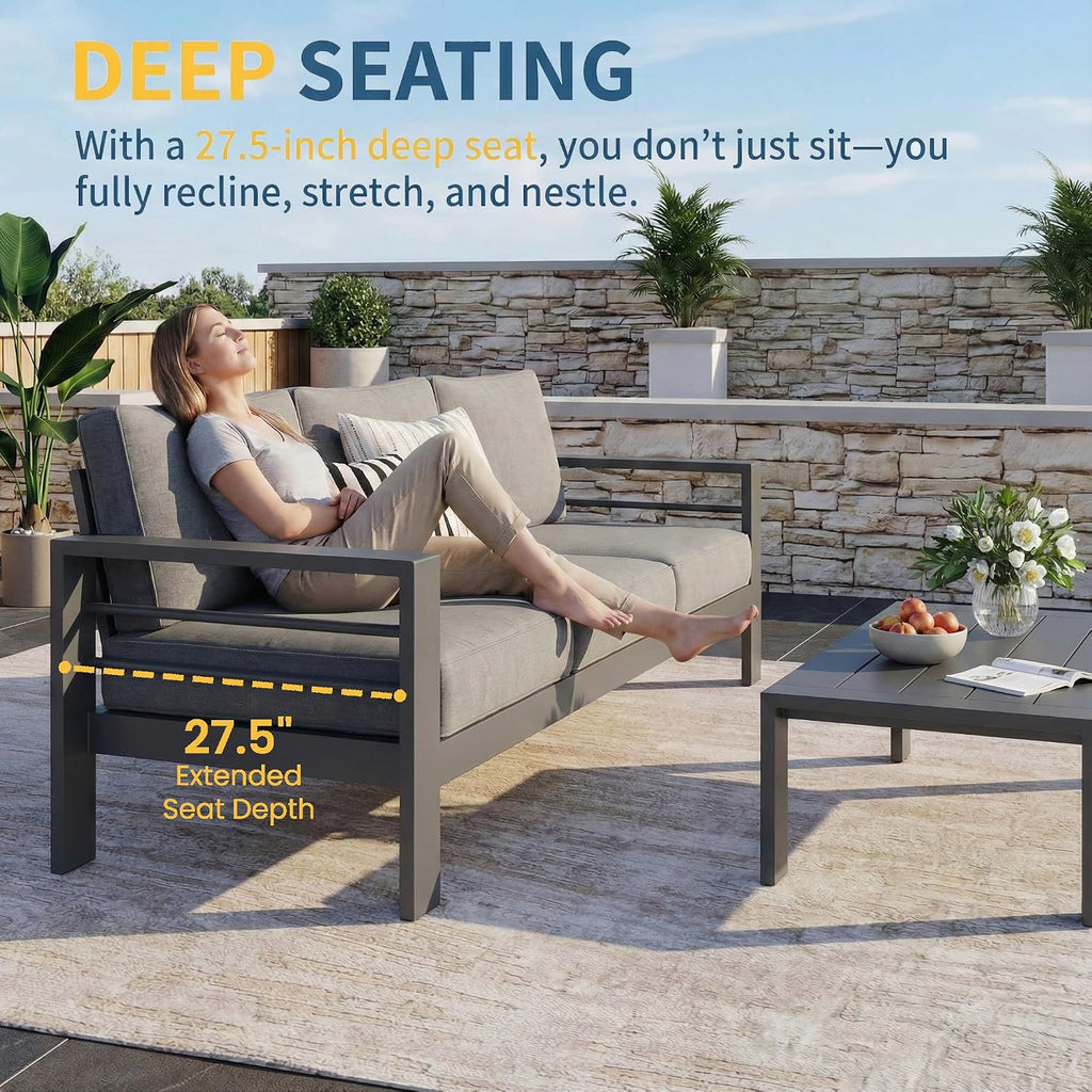 Solaste Aluminum Patio Furniture Set for All Weather, Oversized Metal Outdoor Furniture Set with 27.5' Deep Seating and 3.2' Wide Armrest, Outdoor Patio Conversation Sets with 10' Back Cushion, Gray