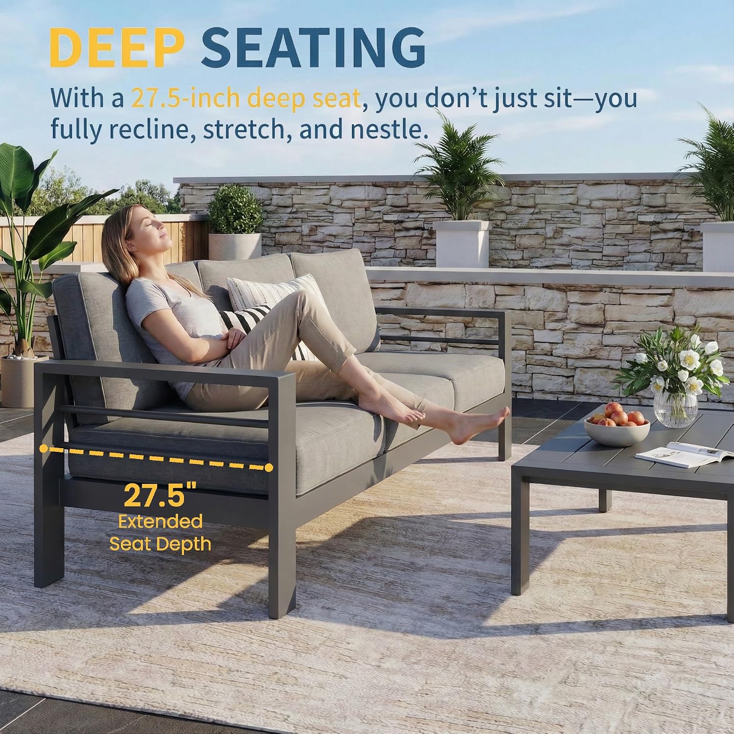 Solaste Aluminum Patio Furniture Set for All Weather, Oversized Metal Outdoor Furniture Set with 27.5' Deep Seating and 3.2' Wide Armrest, Outdoor Patio Conversation Sets with 10' Back Cushion, Gray
