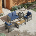 HOMREST Outdoor Metal Furniture Set, 5 Pieces Patio Sectional Conversation Chat Sofa,Love seat with Coffee Table & Side Table,Wood Armrest and High-Resiliency Sponge Cushions(Blue)