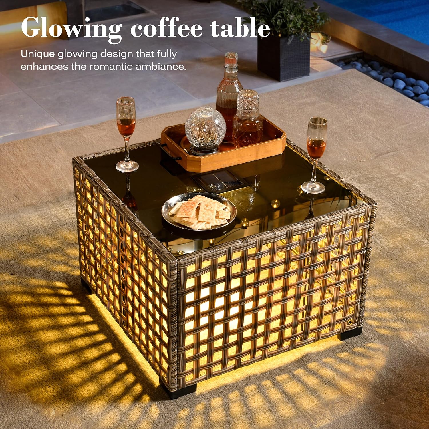5 Piece Outdoor Patio Furniture with Glowing Coffee Table, Rattan Wicker Conversation Set with Sofa, Sectional Single Chairs for Outside Porch Balcony Backyard Pool,Beige