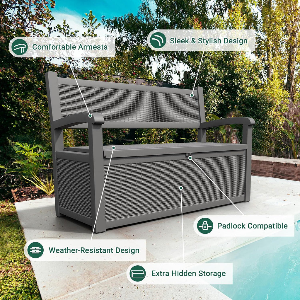 80 Gallon Outdoor Storage Box, Resin Patio Furniture with Armrest, Lockable Deck Box with Waterproof and UV Resistant for Patio Cushions, Garden Tools and Pool Supplies, Grey