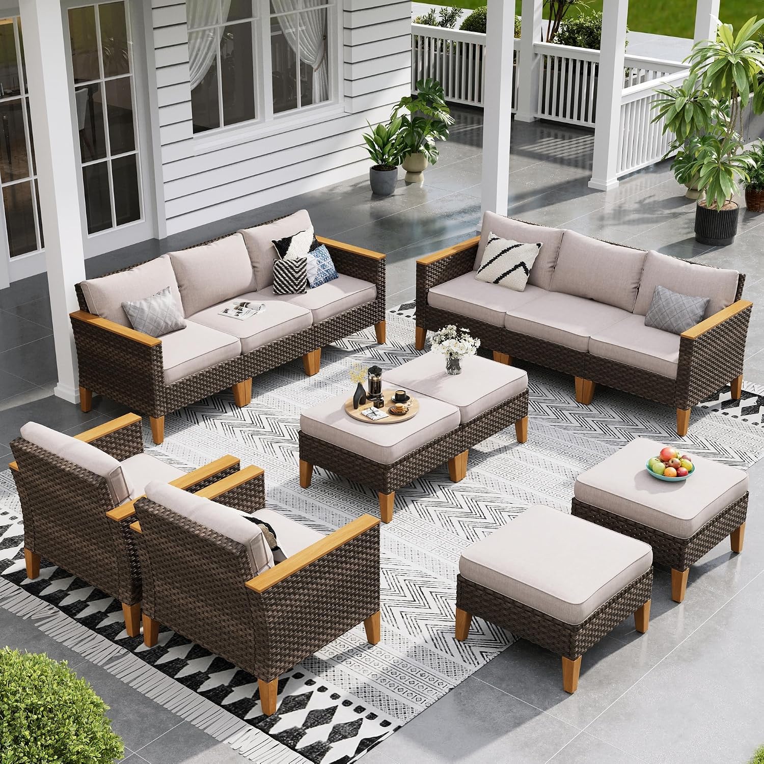 Sophia & William Large Outdoor Patio Furniture Set High Back 12 Piece Wicker Rattan Patio Sectional Sofa Furniture Conversation Set with Single Sofa Chairs, Ottomans,Clips & 4' Thick Cushions, Beige