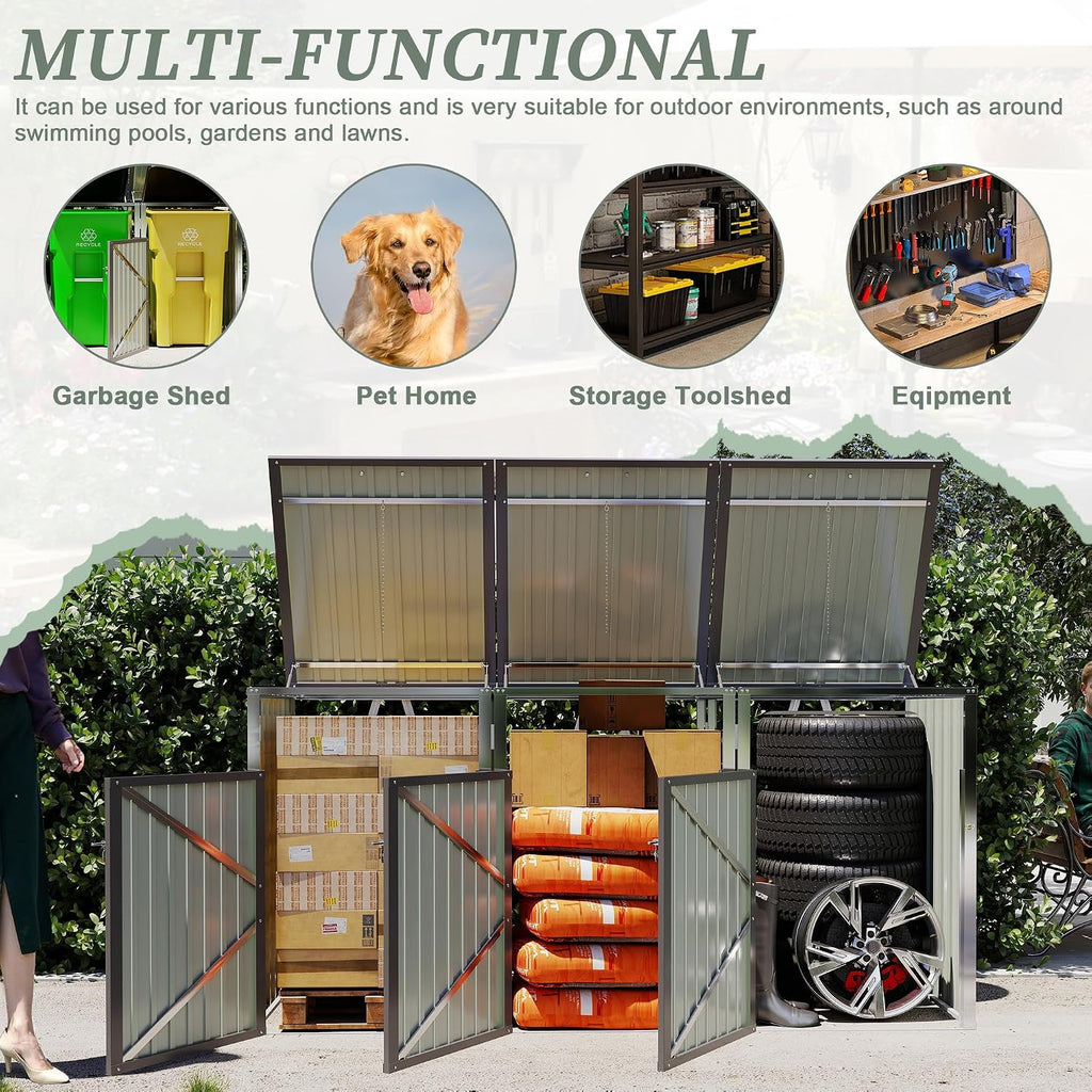 120 Cu.Ft Large Outdoor Trash Can Storage Shed for 3 Bins, Metal Garbage Can Enclosure, Waterproof Outdoor Trash Storage Cabinet & Small Generator Shed for Garden & Yard (Light Gray)