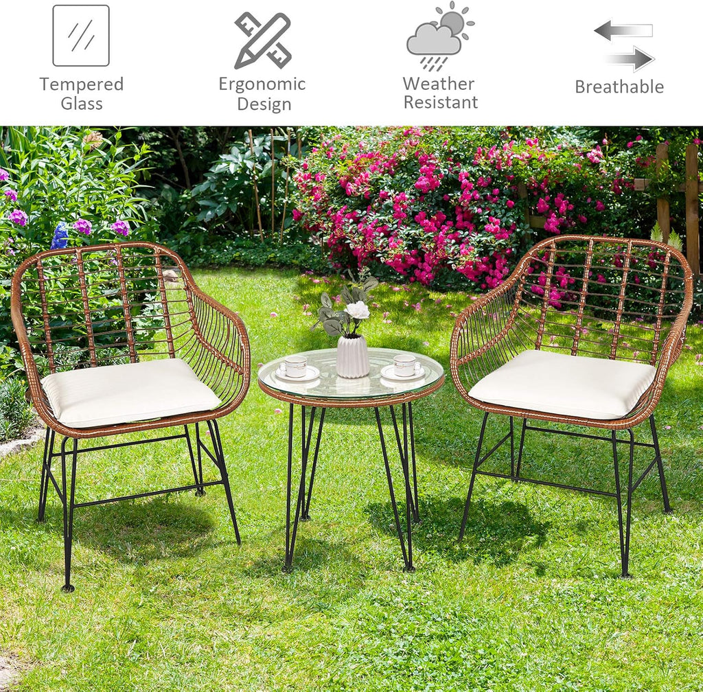 COSTWAY 3 Pieces Patio Bistro Set, Outdoor Rattan Conversation Seating Chair Set with Coffee Table & Soft Cushions, Indoor Wicker Furniture Set for Garden, Balcony, Porch, Pool,Beige