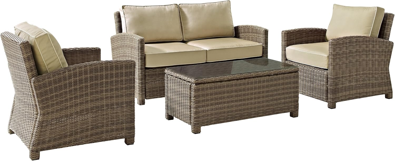 Crosley Furniture Bradenton 4-Piece Outdoor Loveseat Patio Furniture Set, Wicker Conversation Sets for Porch, Brown with Sand Cushions