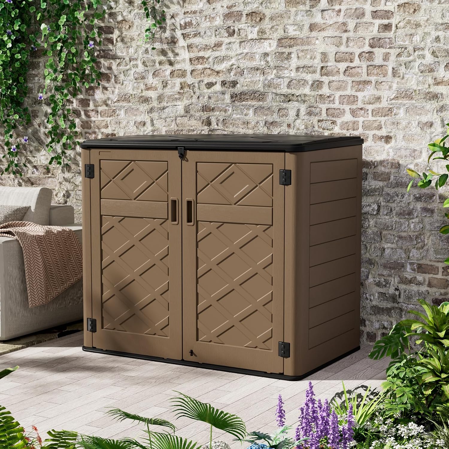 Mrosaa Resin Outdoor Storage Shed, Outdoor Storage Box Waterproof for Garden Tools, Patio Furniture, Trash Cans, Garage Storage, Lockable
