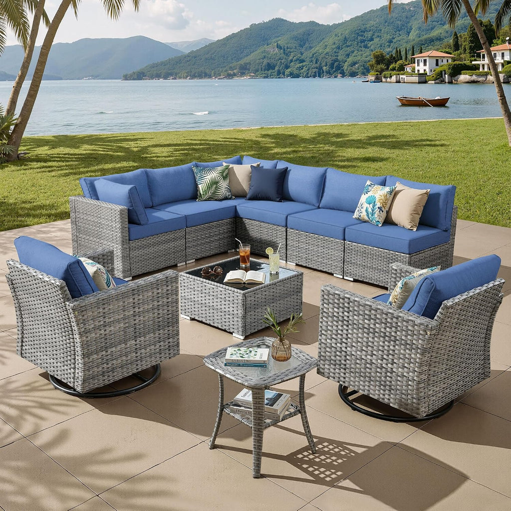 ovios Outdoor 10 Piece Coversation Set with Swivel Rocking Chair,Sectional Patio Furniture Set with All-Weather Wicker Sofa,Modern Outside Couch for Balcony Backyard Pool, Blue