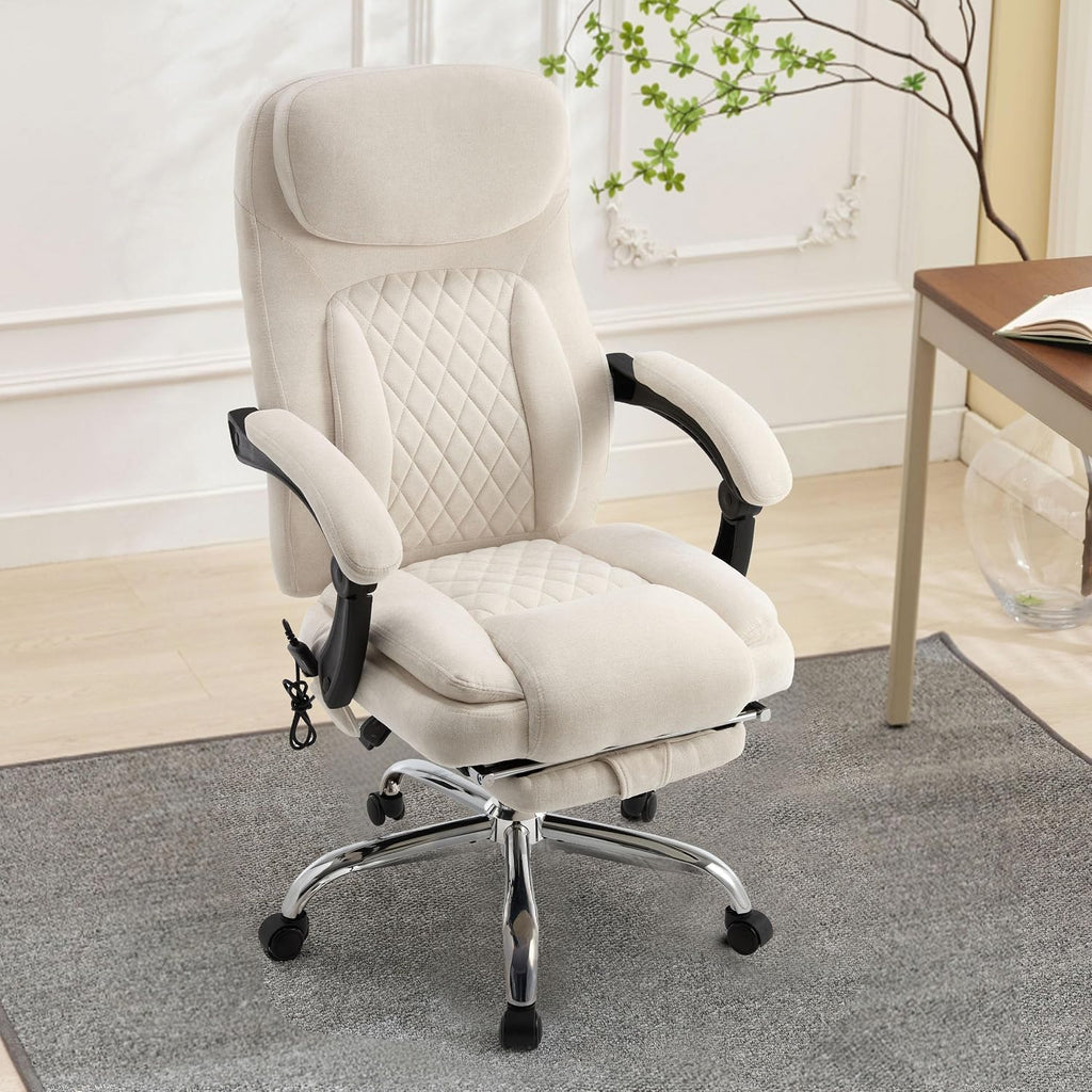 6-Point Massage Office Chair with Heated, Ergonomic Office Chair with Footrest & 45°Reclining High Back, Big and Tall Executive Office Chair 500LBS, Thick Cushion Desk Chair for Home Office, Beige