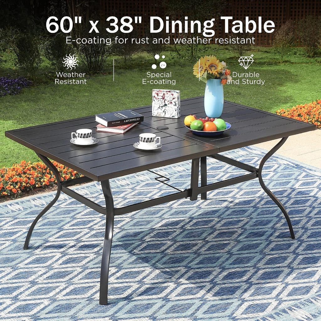 PHI VILLA 7 Pieces Outdoor Dining Set for 6, 60' Rectangular Metal Table with Umbrella Hole & Stackable Black Wrought Iron Chairs, Large Outside Furniture for Patio, Deck, Backyard, Porch