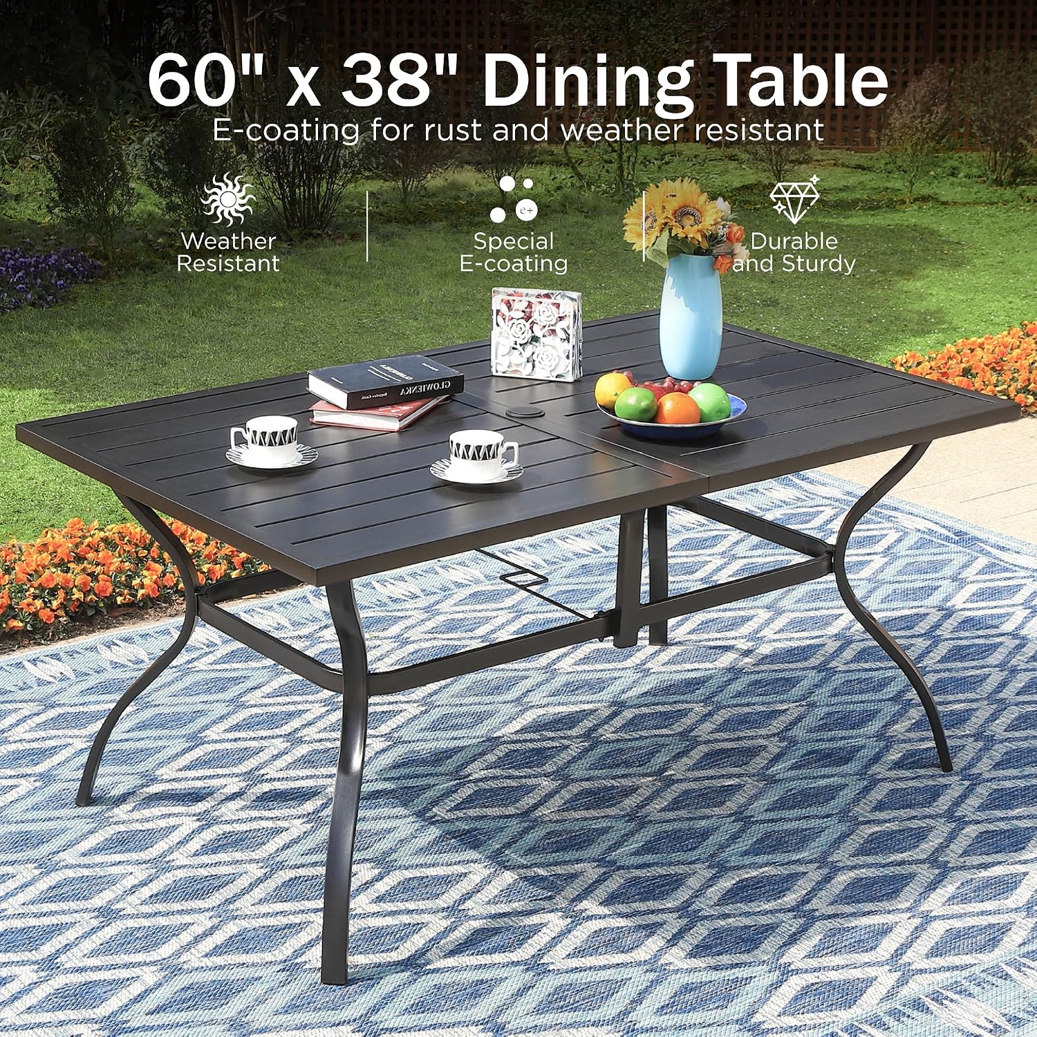 PHI VILLA 7 Pieces Outdoor Dining Set for 6, 60' Rectangular Metal Table with Umbrella Hole & Stackable Black Wrought Iron Chairs, Large Outside Furniture for Patio, Deck, Backyard, Porch