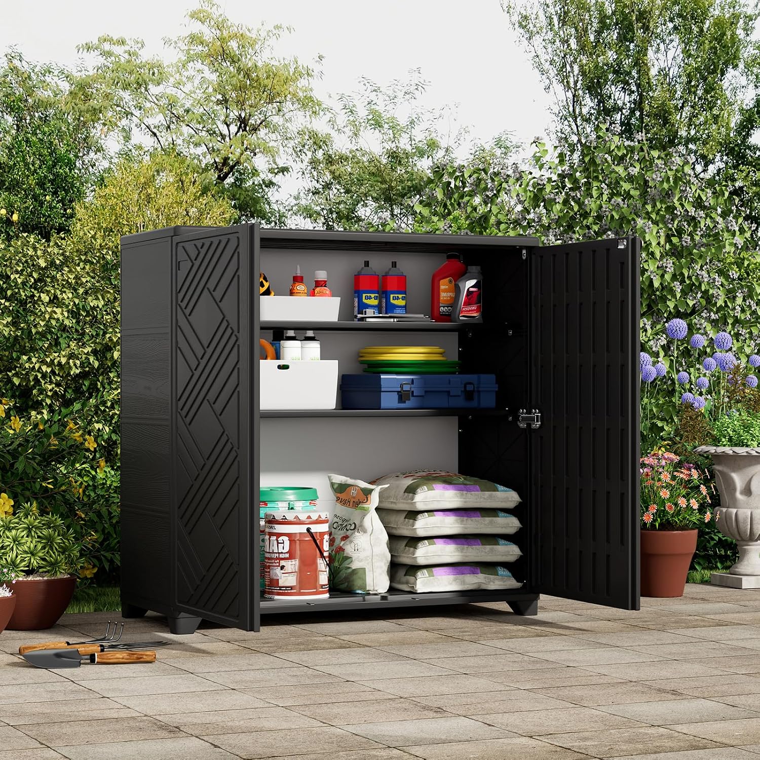 ZZM Indoor/Outdoor Storage Cabinet Waterproof, 34'x15'x34' Plastic Outdoor Storage Box for Garden Balcony Bathroom, All Weather Outdoor Storage Clearance, DIY Usage, with 2 Shelf (Black)