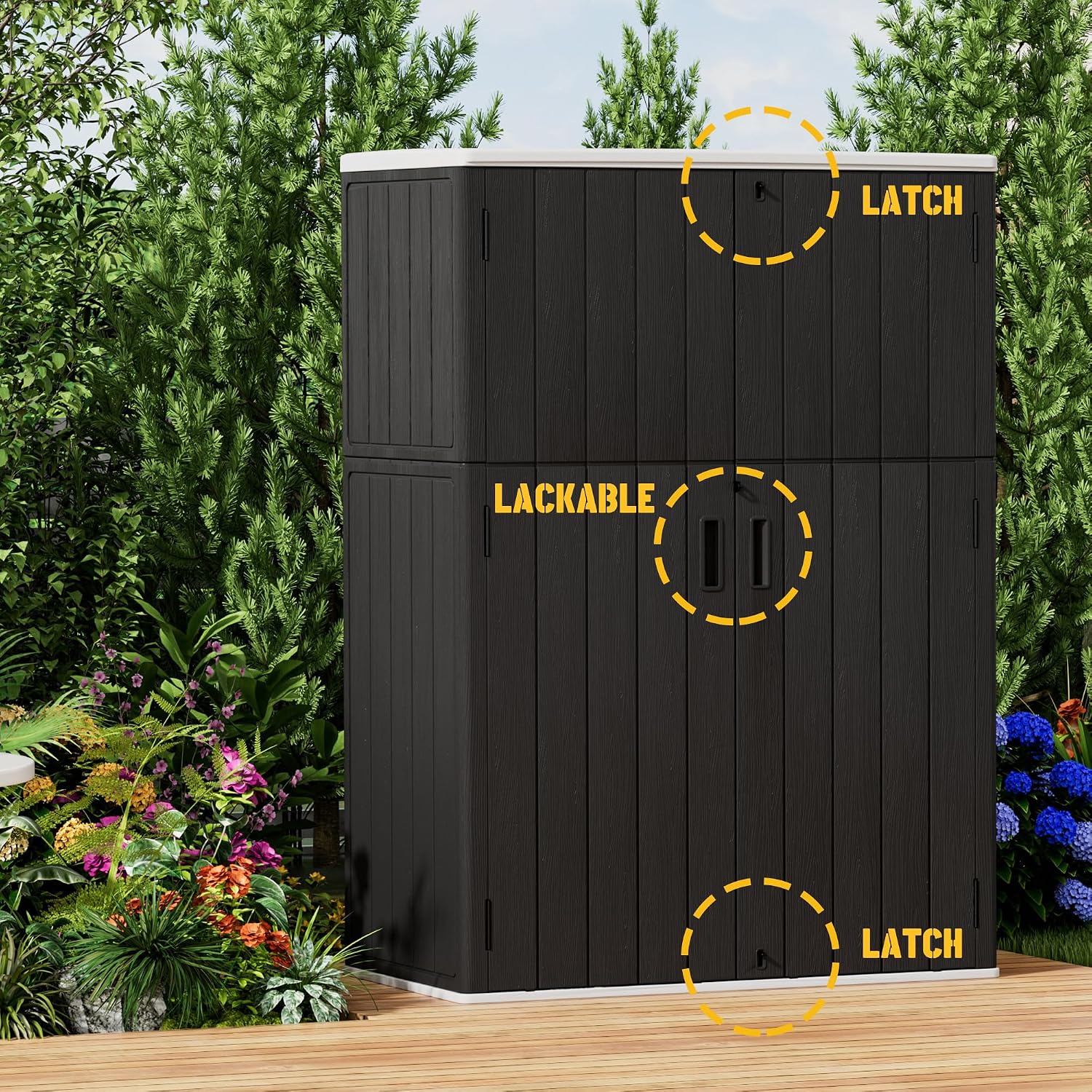 Mrosaa Vertical Outdoor Storage Cabinets,Plastic Sheds&Outdoor Storage with Floor,Outdoor Storage Box Waterproof/Lockable for Garage,Bike,Tools Storage Shed (57Cu.ft)