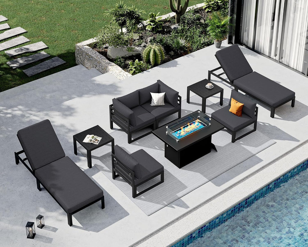 NICESOUL 9 Piece Luxury Aluminum Outdoor Sectional Sofa with Lounge & Fire Pit Table, Large Modular Patio Furniture Set, 29' Deep Wide Seating, 500 lbs Heavy Duty Conversation Set for Deck, Dark Gray