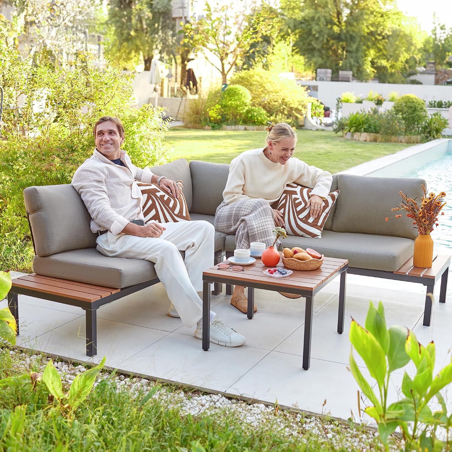 NATURAL EXPRESSIONS Patio Furniture Sets, Metal Outdoor Sectional L Shape Corner Sofa Outdoor Couch with Detachable Backrest,3 Fauxwood Tables,Black Frame,Shale Olefin Cushions for Yard,Garden