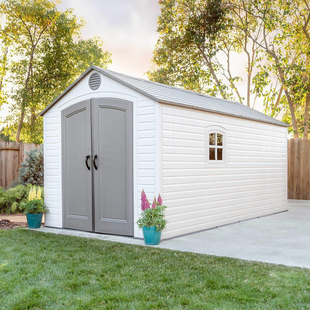 Lifetime 60075 Outdoor Storage Shed, 8x15 Ft, Desert Sand, Resin Backyard Tool Shed with Lockable Doors and Weather-Resistant Panels