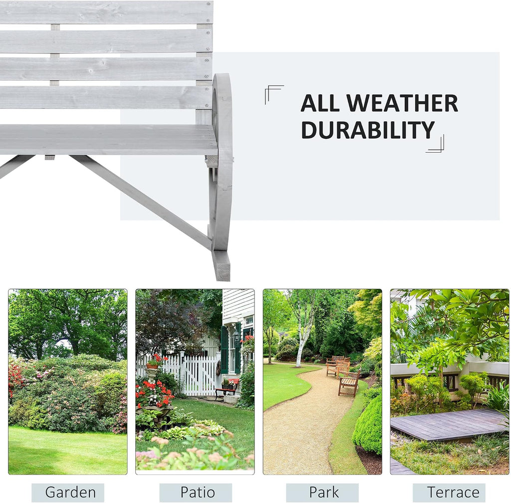 Outsunny 41' Wooden Wagon Wheel Bench, Rustic Outdoor Patio Weather Resistance Furniture, 2-Person Slatted Seat Bench with Backrest, Light Gray
