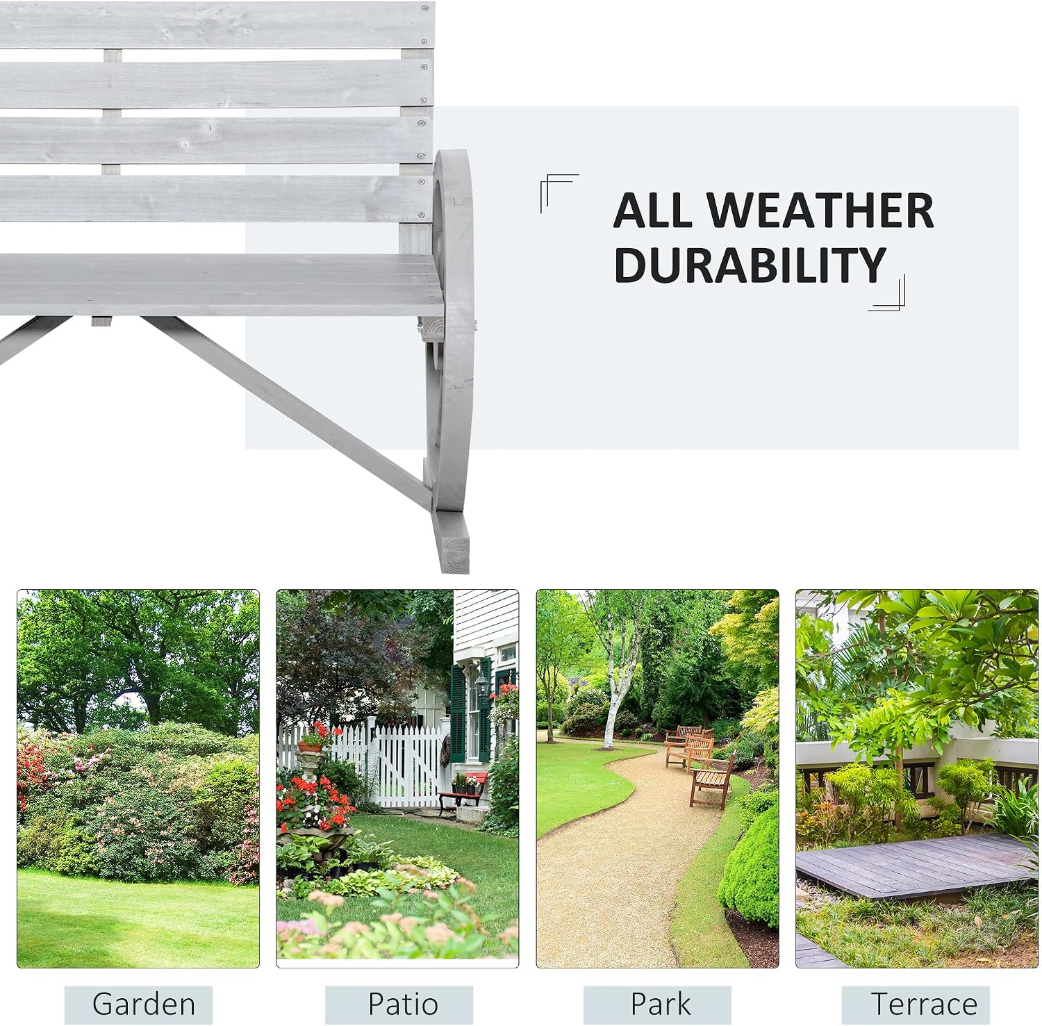Outsunny 41' Wooden Wagon Wheel Bench, Rustic Outdoor Patio Weather Resistance Furniture, 2-Person Slatted Seat Bench with Backrest, Light Gray