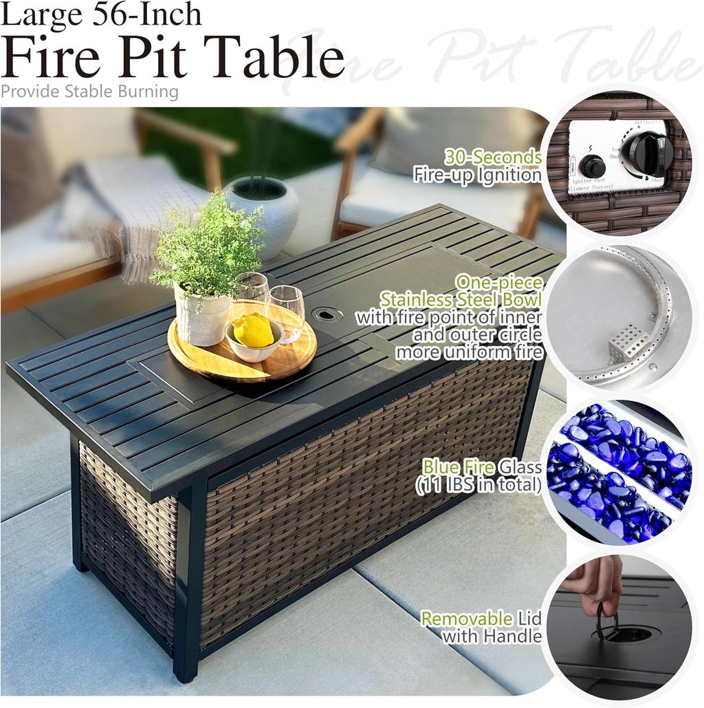 Sophia & William Outdoor Patio Furniture Set with Fire Pit Table Large & High Back 9PCS Wicker Patio Sectional Sofa Conversation Set with 56' Fire Table, Ottoman & 4' Thick Cushions,Beige