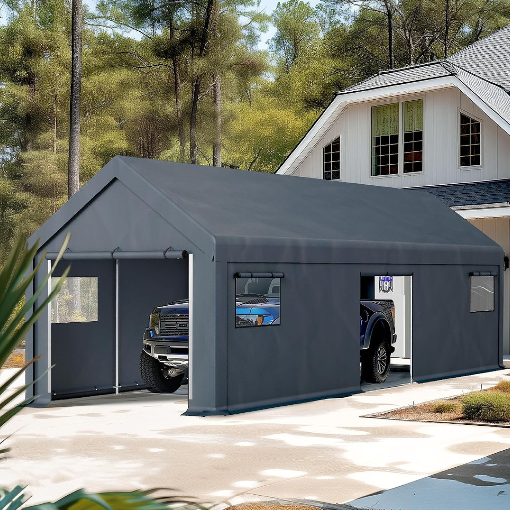 PHI VILLA Portable Garage Carport,13x24ft Car Tent Shed Carports canopy Outside Storage Tents Shelter, Heavy Duty Garages Shelters Waterproof UV Resistant with Rollup Zipper Doors for Cars,Boats,Tools