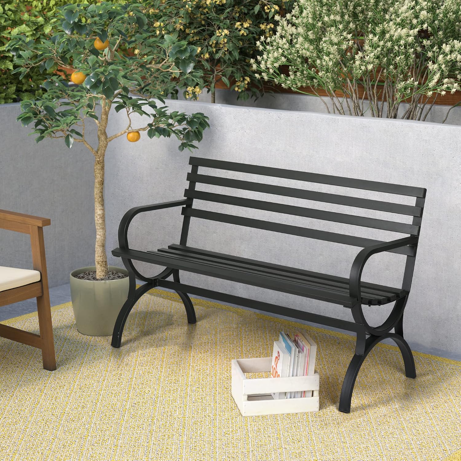 Sophia & William Outdoor Garden Bench Patio Park Bench, Metal Frame Furniture with Backrest and Armrests for Porch Yard Lawn Deck, Black