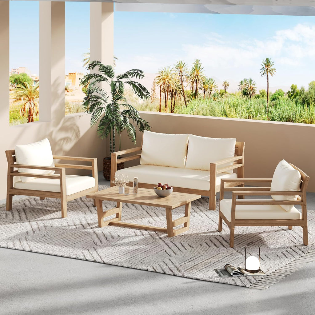 Christopher Knight Home Jamaia 4 Pieces Acacia Furniture Set, Patio Conversation Chat 2-Seat Sofa Set with Coffee Table, Outdoor Loveseat Chair Set for Garden Porch Backyard Balcony, Light Teak+Beige