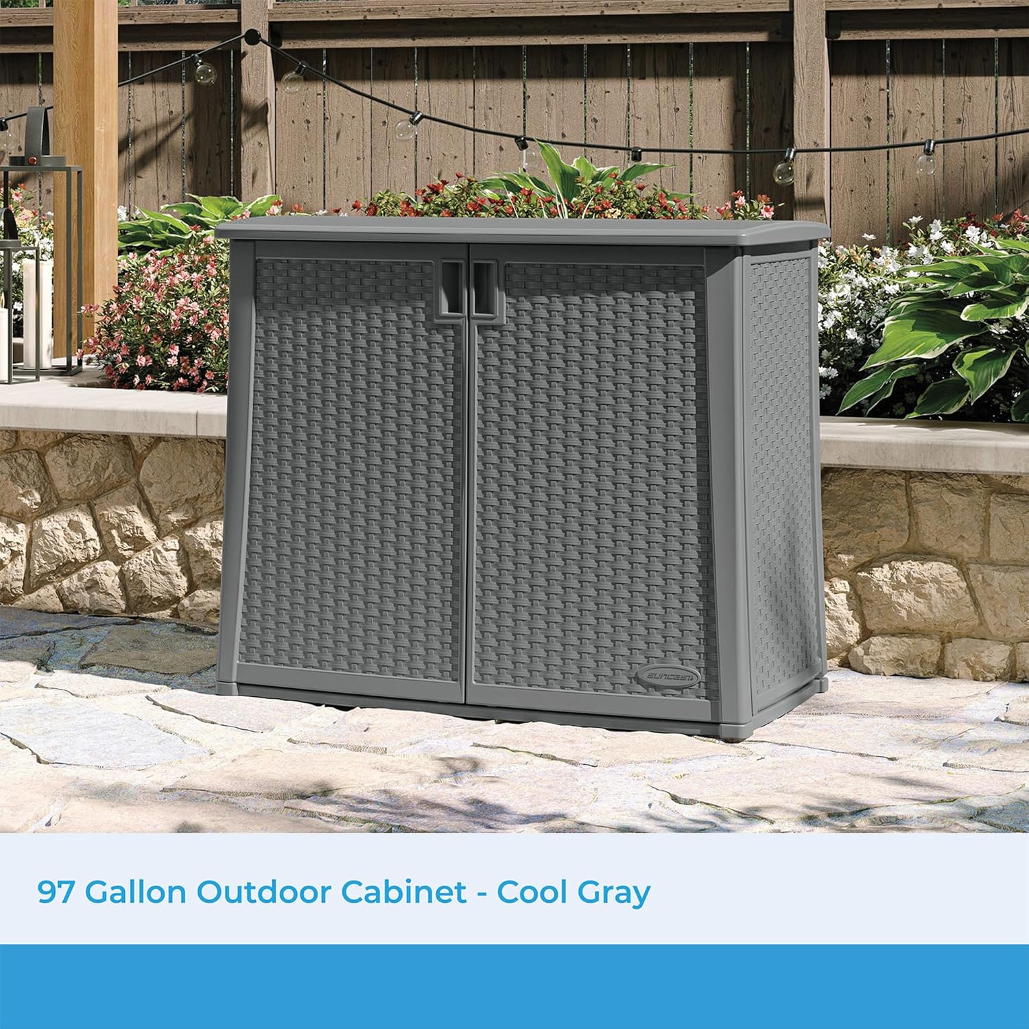 Suncast Resin Outdoor Storage Cabinet, Cool Gray Wicker Resin Outdoor Cabinet, Weatherproof, Lockable Outside Storage for Patio, Deck, Balcony, Porch, Backyard, or Garden, Made in The USA