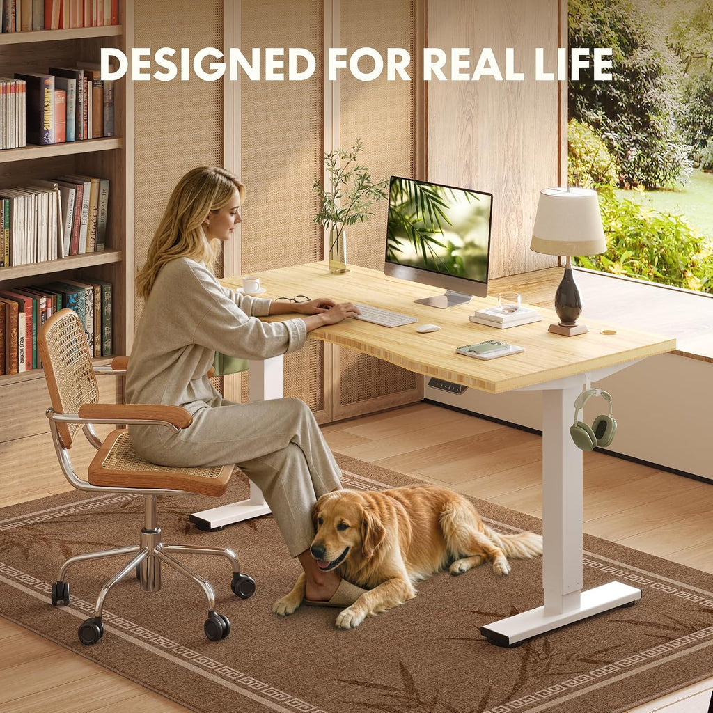 FLEXISPOT Solid Wood Standing Desk, One-Piece Real Wood Desktop, Electric Height Adjustable Desk for Home Office, 176 LBS Capacity (55'x28' Curved Bamboo, White Frame)