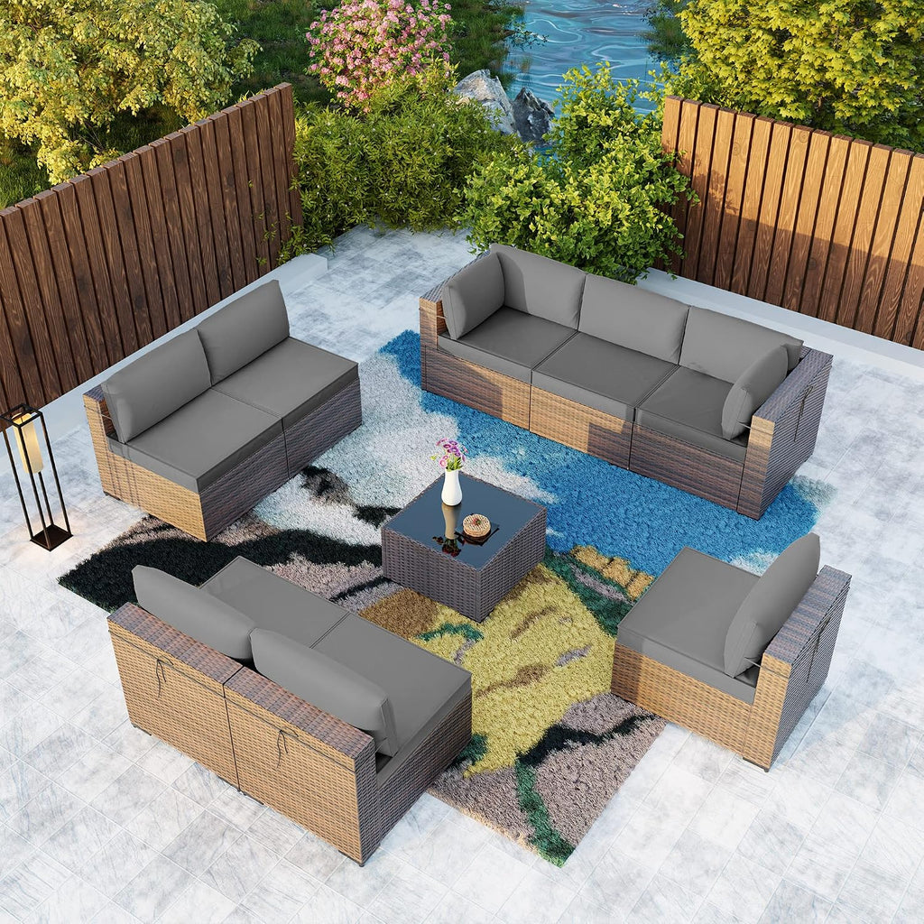 Kullavik 9 Pieces Outdoor Patio Furniture Set,Outdoor Sectional Rattan Sofa Set Brown PE Rattan Wicker Patio Conversation Set with Tempered Glass Coffee Table and Washable Cushions Covers,Grey
