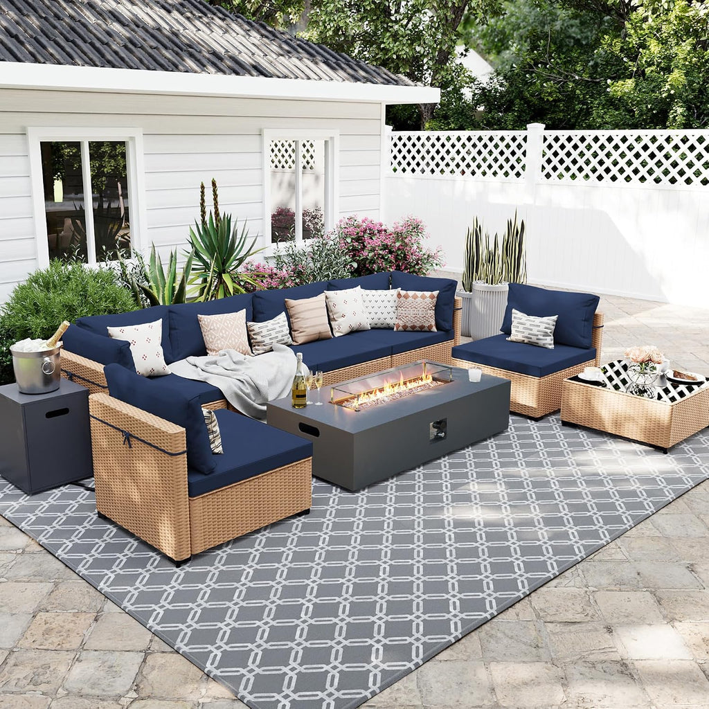 UPHA 9 Pieces Patio Furniture Sets, Wicker Outdoor Sectional Sofa Couch with Rectangle Propane Pit for Deck Backyard Garden, Beige Rattan, Navy Blue Cushion