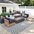 UPHA 9 Pieces Patio Furniture Sets, Wicker Outdoor Sectional Sofa Couch with Rectangle Propane Pit for Deck Backyard Garden, Beige Rattan, Navy Blue Cushion