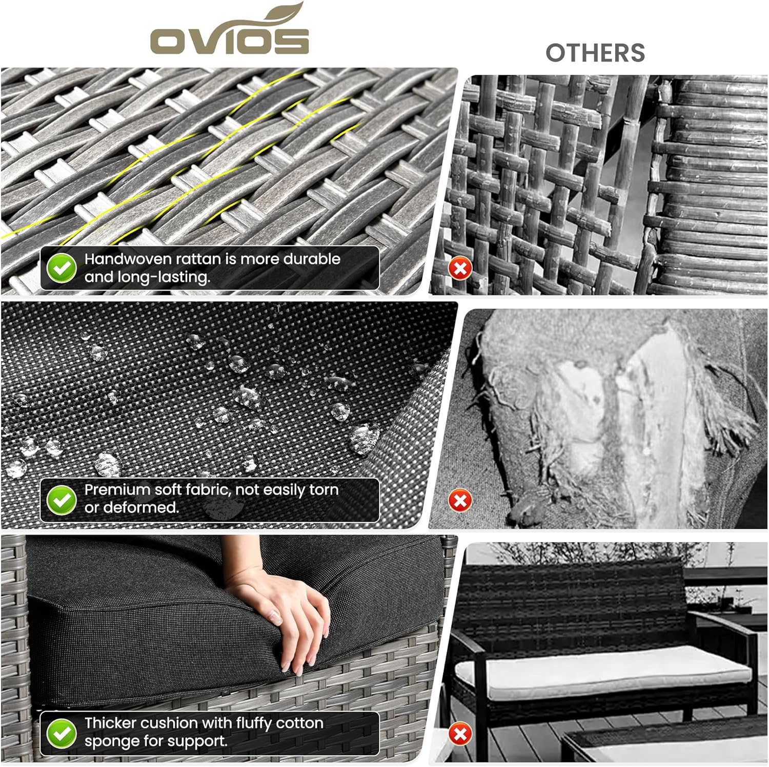 ovios 7 Pieces Patio Furniture Set, Outdoor Wicker Sofa Couch with Swivel Chairs, Rocking Glider Rocker with Comfy Cushions All Weather Rattan Conversation Set, Black