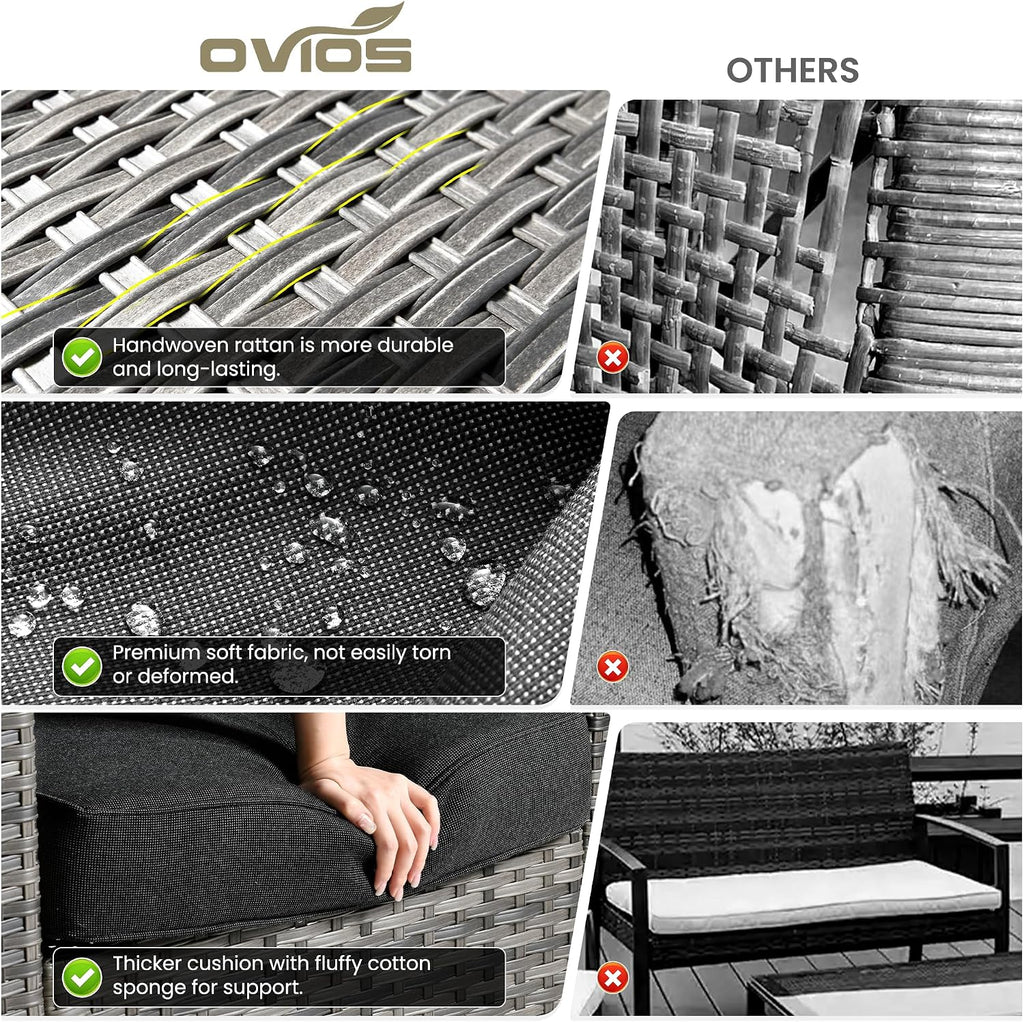 ovios Patio Sofa 3 Pieces Patio Furniture Set Outdoor Wicker Sofa Couch with Ottomans Thick Cushions, All Weather Rattan Conversation Set for Porch Backyard Deck, Black
