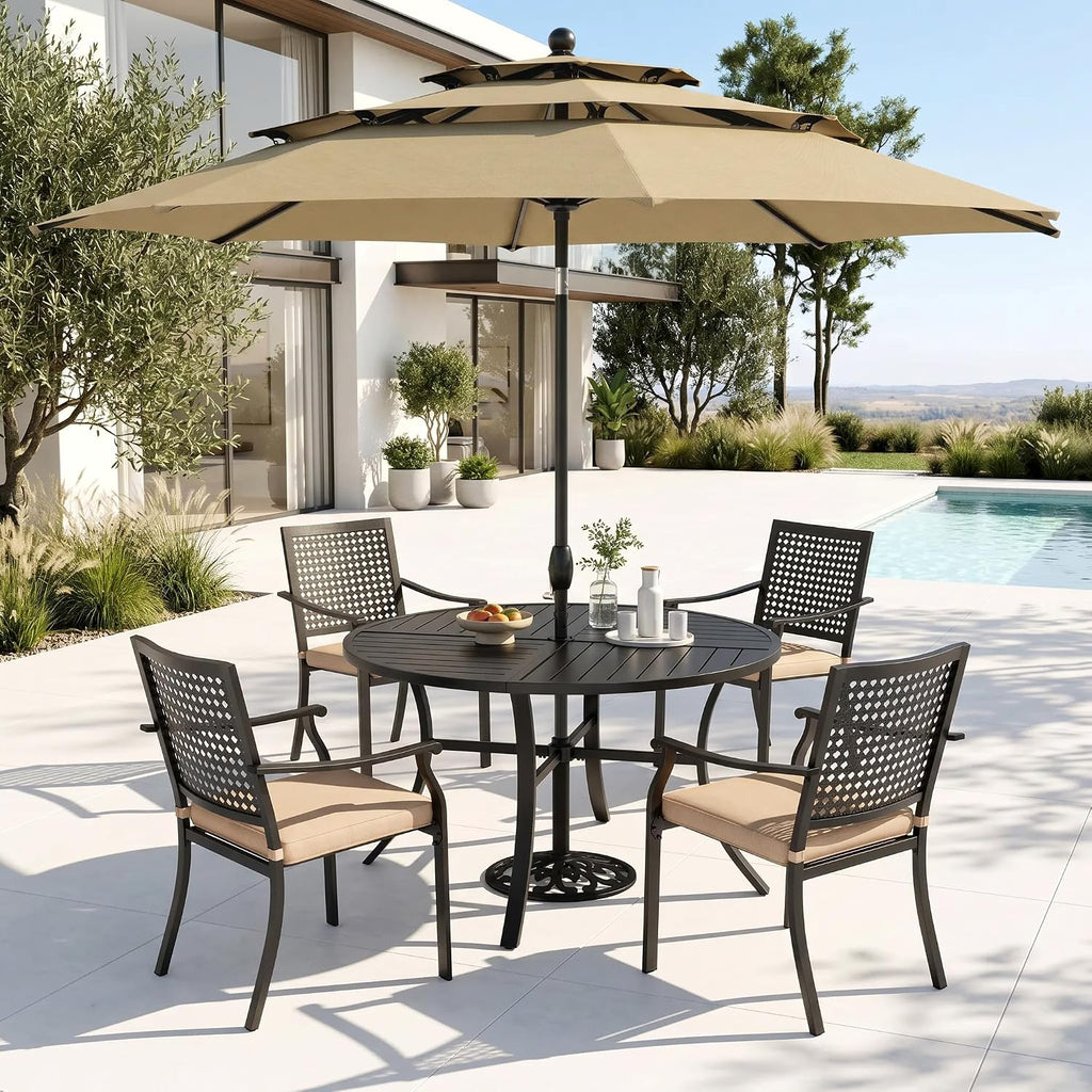 PHI VILLA 5 Pieces Outdoor Dining Set for 4 with Umbrella, 42' Large Round Metal Steel Table & Stackable Iron Chairs with Cushions & 10ft Beige Umbrella, Modern Furniture for Patio, Deck, Yard, Porch
