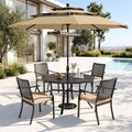 PHI VILLA 5 Pieces Outdoor Dining Set for 4 with Umbrella, 42' Large Round Metal Steel Table & Stackable Iron Chairs with Cushions & 10ft Beige Umbrella, Modern Furniture for Patio, Deck, Yard, Porch