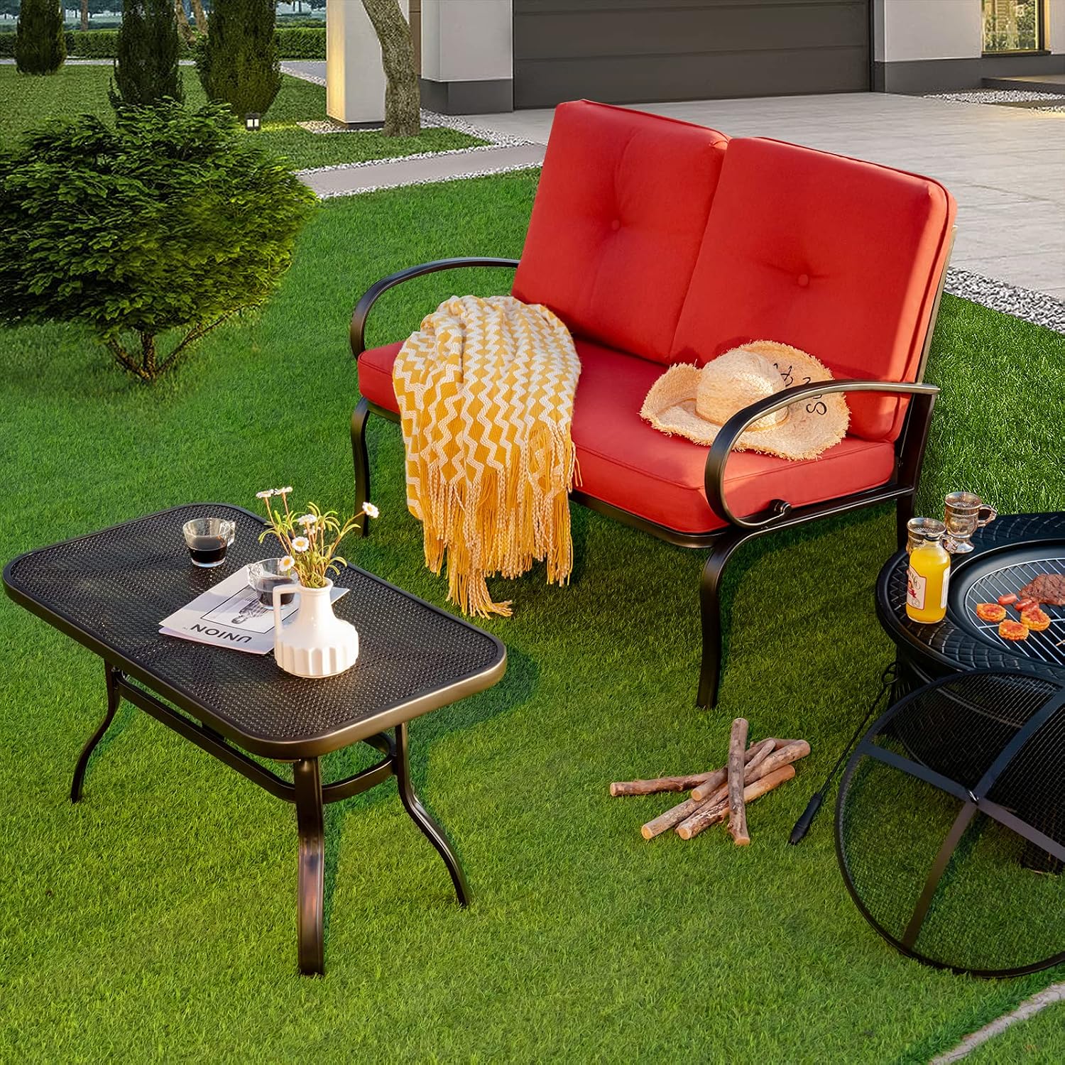 Giantex Patio Loveseat with Coffee Table Outdoor Bench with Cushion and Metal Frame, Loveseat Porch Furniture Set Sofa for Garden, Yard, Patio or Poolside (Red & Black)