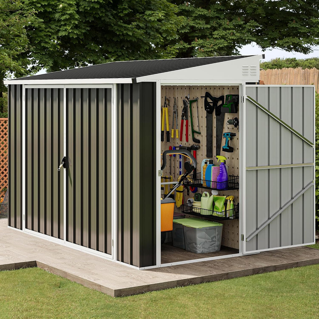 DWVO 7x4 FT Outdoor Weatherproof Storage Shed, Secure Metal Bike Shed w/Lockable Entry, Garden Storage Solution for Lawn Equipment, Tools, Waste Bin, Dark Gray
