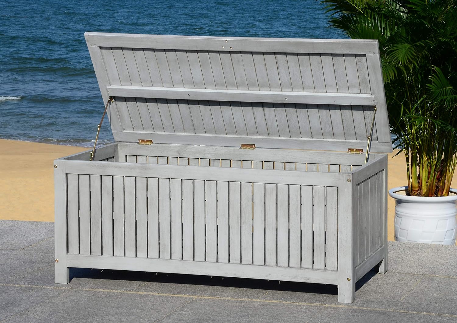 SAFAVIEH Outdoor - Abri Cushion Storage Box - Grey Solid Wood - Coastal Resort Storage Bench Design - Ideal for Patio, Deck, Porch, Backyard, 18' W x 47' D x 19' H (PAT7037B)