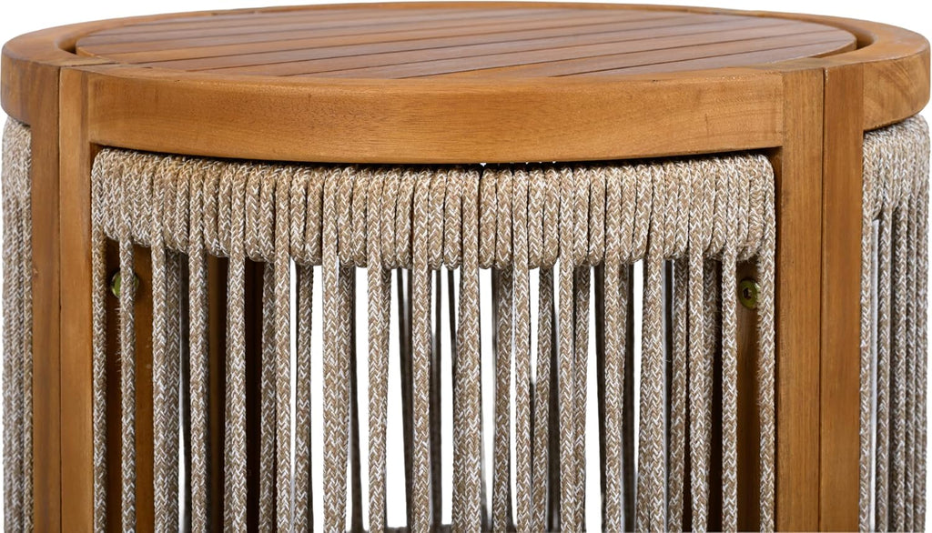 Christopher Knight Home Viktor Acacia Wood Outdoor Side Table, Patio Round Coffee Table with Woven Rope Accents, Table for Patio Furniture Set, Elegant Slatted Design, Weather-Resistant, Teak